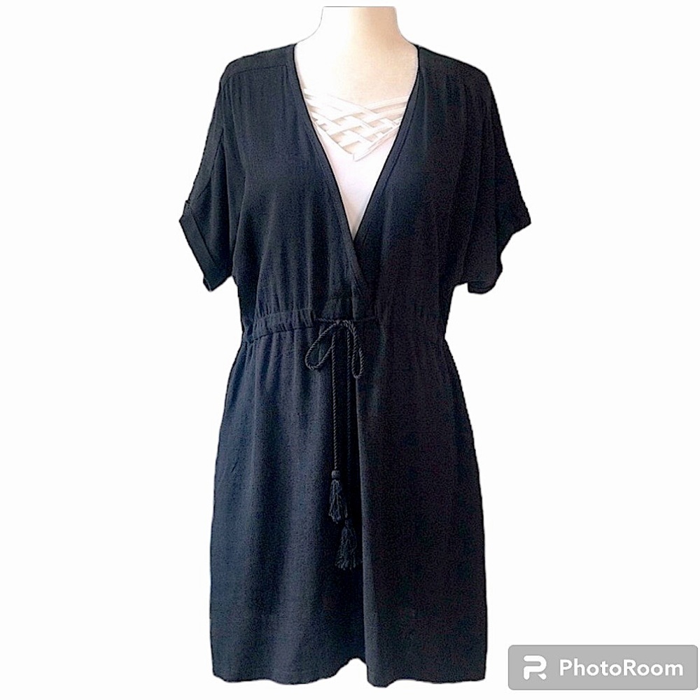 LINEN BLEND DRESS, CROSS OVER V-NECK, DRAWSTRING WAIST, ROLLED SLV